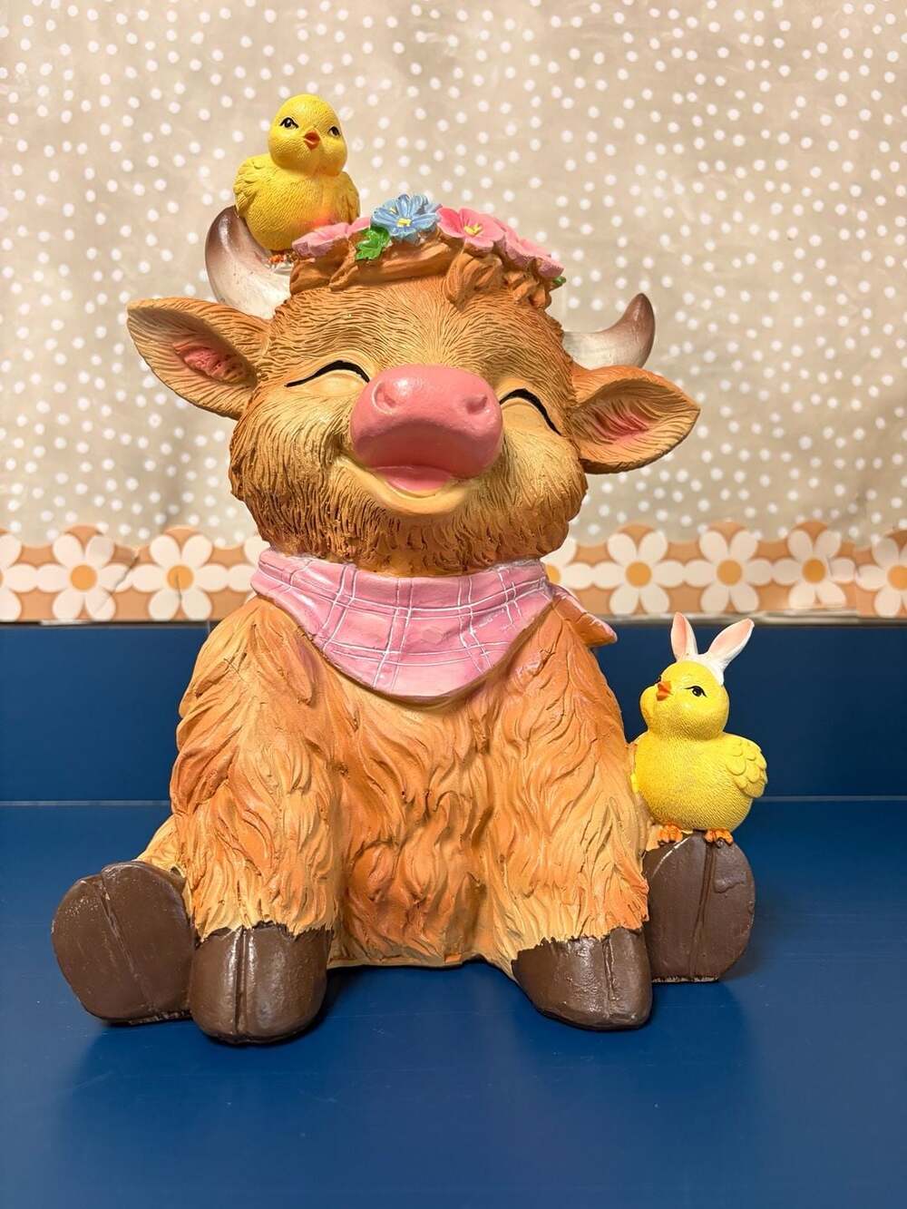 Highland Cow Figurine with Flower Crown and Chicks